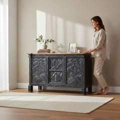 Mango Wood Hand-Carved Sideboard With Black Finish