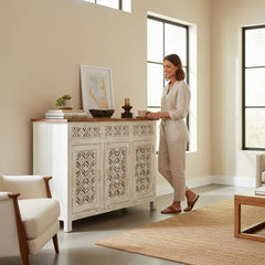 Indian Hand Carved White Sideboard For Storage