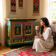 Hand-Painted Mango Wood Bedside Cabinet For Bedroom Storage