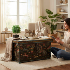 Mango Wood Hand-Painted Storage Trunk Box For Living Room