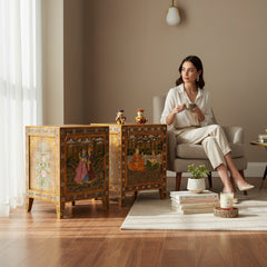 Mango Wood Mughal Painted Bedside Table For Home Decor