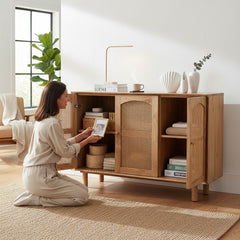 MANGO WOOD RATTAN THREE DOOR SIDEBOARD FOR STORAGE