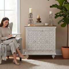 Mango Wood Carved Indian Cabinet With One Storage Shelf