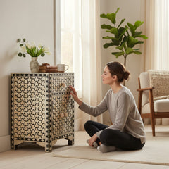 Mango Wood Bone Inlay Bedside Table For Living Area Decor