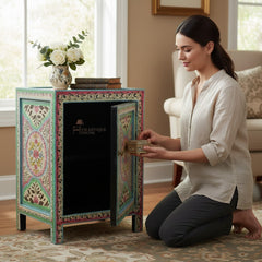 Mango Wood Hand-Painted Bedside Table For Living Room