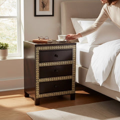 Mango Wood 3 Drawer Bedside Table With Brass Detailing