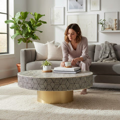 Bone Inlay Centerpiece Round Coffee Table For Living Room