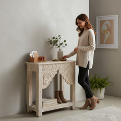 Hand-Carved Boho White Console Table – Elegant Accent Table for Living Room & Entryway Decor