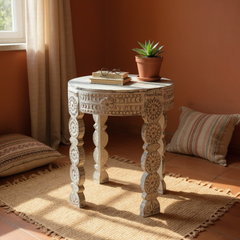 Hand-Carved Mango Wood Side Table – Boho Round Sofa Table for Living Room Decor