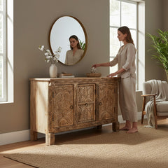 Mango Wood Hand-Carved Sideboard With Natural Finish