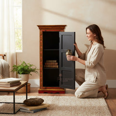 Hand-Painted Mango Wood Bedroom Storage Cabinet – Boho Accent Cupboard for Clothes, Linens & Home Decor