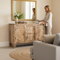 Mango Wood Hand-Carved Sideboard With Natural Finish