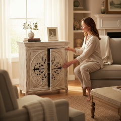 Hand-Carved Mango Wood Bedside Cabinet For Bedroom Storage