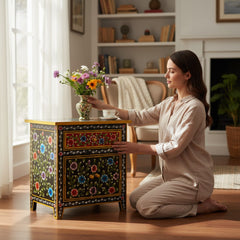 Mango Wood Painted Bedside Table For Storage Solution