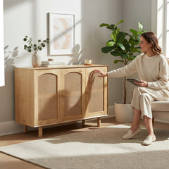 MANGO WOOD RATTAN THREE DOOR SIDEBOARD FOR STORAGE