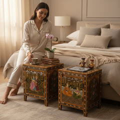 Mango Wood Mughal Painted Bedside Table For Home Decor