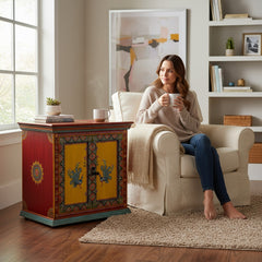 Hand-Painted Mango Wood Indian Bedside Cabinet For Bedroom Storage