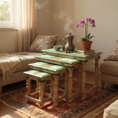 Boho Rustic Handcrafted Wooden Nesting Table Set for Cozy Living Room Decor