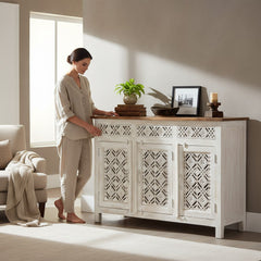 Indian Hand Carved White Sideboard For Storage