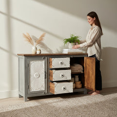 Mango Wood Indian Grey Drawer Sideboard For Storage Solution