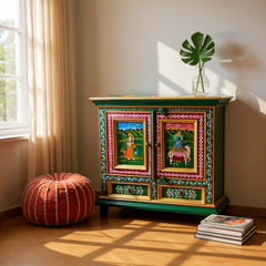 Hand-Painted Mango Wood Bedside Cabinet For Bedroom Storage