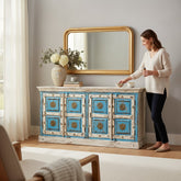 Mango Wood Distress Boho Indian Sideboard With Brass Detailing