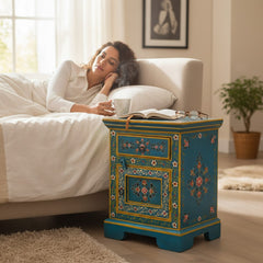 Mango Wood Hand-Painted Bedside Table For Living Area Decor