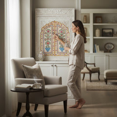 Hand-Painted Floral Wooden Wall Panel – Indian Carved Faux Window Frame