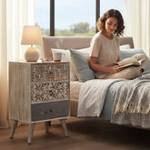 Wooden Carved 3-Drawer Storage Chest Table, Indian Ethic Solid Wood Bedside Table,