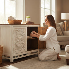 Mango Wood Carved Cabinet Sideboard For Storage