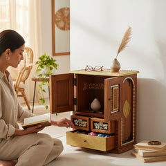 Mango Wood Bedside Table, Solid Wood Storage Side Table With Brass Detailing