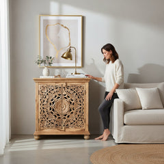 Mango Wood Hand-Carved Sideboard Cabinet For Storage