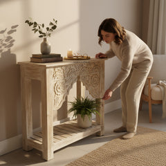 Hand-Carved Boho White Console Table – Elegant Accent Table for Living Room & Entryway Decor