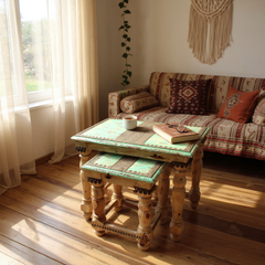 Boho Rustic Handcrafted Wooden Nesting Table Set for Cozy Living Room Decor