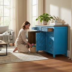 Mango Wood Indian Blue Sideboard With Mandala Carving