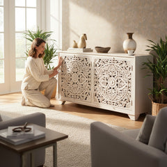 Mango Side Storage Console Sideboard With Floral Carving