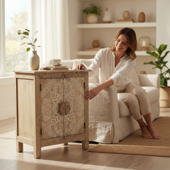 Hand-Painted Mango Wood Bedside Cabinet For Bedroom Storage