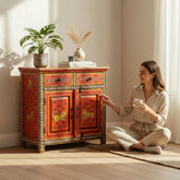 Mango Wood Ethnic Boho Painted Cabinet For Living Area Decor
