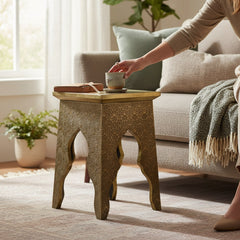 Mango Wood Sofa Side Table With Brass Detailing