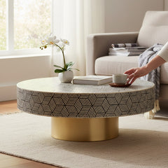 Bone Inlay Centerpiece Round Coffee Table For Living Room