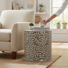 Mango Wood Bone Inlay Accent Side Table For Living Area Decor
