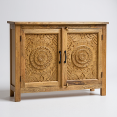 Mango Wood Natural Polish Sideboard Cabinet With Floral Carving