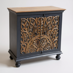Mango Wood Lotus Sideboard Cabinet In Black Finish
