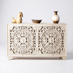 Mango Side Storage Console Sideboard With Floral Carving