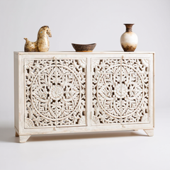 Mango Side Storage Console Sideboard With Floral Carving