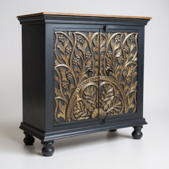 Mango Wood Lotus Sideboard Cabinet In Black Finish