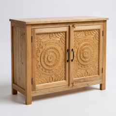 Mango Wood Natural Polish Sideboard Cabinet With Floral Carving