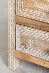 Wooden Bedside Table with 3 Drawers, Hand-Carved Design, Vintage White Finish
