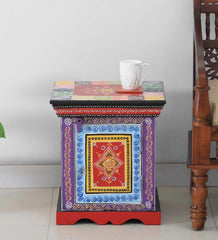 Modern Handpainted Bedside Table with Mango Wood Side Table with Drawer Storage