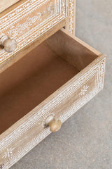 Wooden Bedside Table with 3 Drawers, Hand-Carved Design, Vintage White Finish